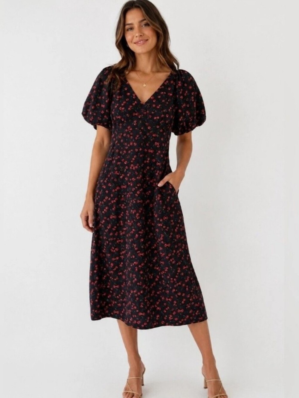 NWOT Ava & Viv Black Cherry Print Puff Sleeve Midi Dress Rockabilly Cotton XXL